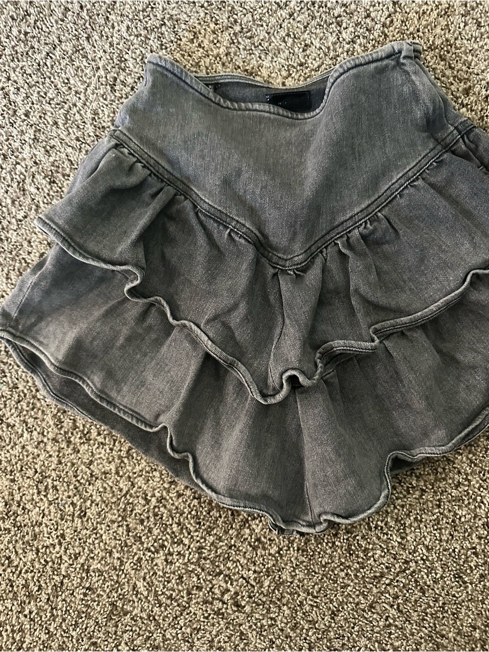 MOTHER Gray Ruffled Denim Skater Mini Skirt